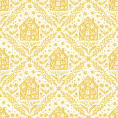 Hand drawn doodle cartoon houses and flower silhouette seamless pattern, cute house seamless texture