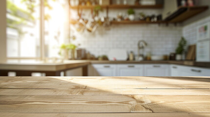 empty wooden table top and blur of room on a blur bright kitchen decoration background. AI Generative