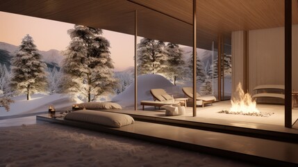 Obraz premium a bedroom with a fireplace in the middle of it and a view of a snowy forest outside of the window.