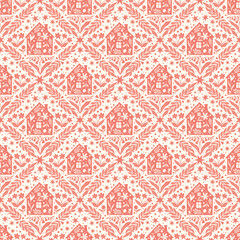 Hand drawn doodle cartoon houses and flower silhouette seamless pattern, cute house seamless texture