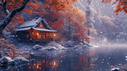 A serene landscape with softly falling snow, a secluded cabin with flickering lantern windows, a somber, autumnal color palette, and ahanakamisu matsu tree in the foreground. 