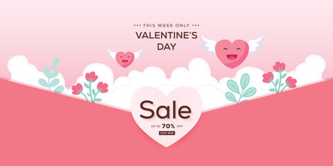 Paper Style Valentine's Day Sale Horizontal Banner Decoration with Flying Heart and Clouds 