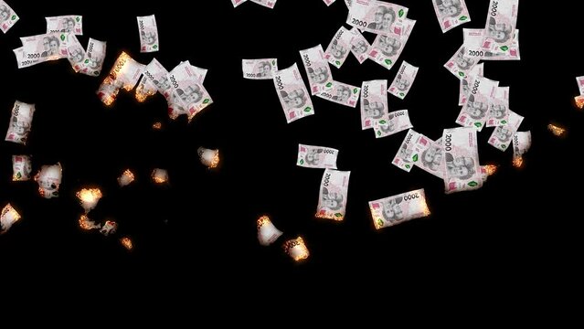 Argentina money banknote fallen from sky then fire burn out for money loss concept