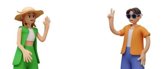 Concept of greeting, communication. Dialogue between male and female character. Vector template with space in middle for headline, text, advertising content