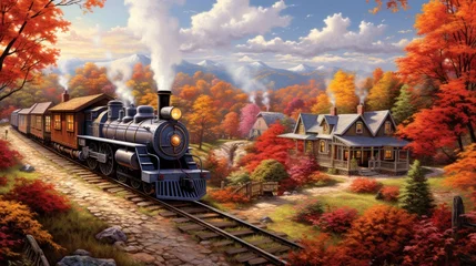 Foto op Canvas  a painting of a train on a train track in a rural area with autumn trees and a cabin in the background. © Anna