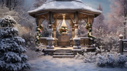  a gazebo in the middle of a snowy forest with flowers and wreaths on the top of the gazebo.