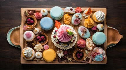  a tray filled with lots of different types of cupcakes on top of a wooden table next to each other.