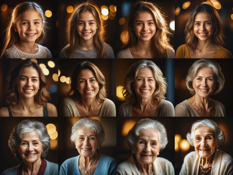 Aging process, sequence of images of female person from young girl to elderly senior age, generative ai illustration