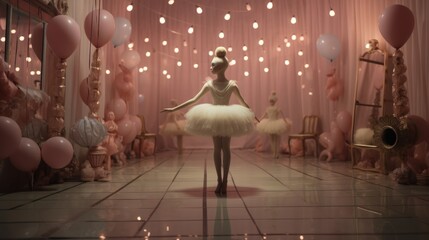  a ballerina in a white tutu standing in front of a room filled with balloons and a bunch of pink and white balloons. - obrazy, fototapety, plakaty
