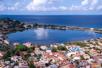 Aerial view of of Lake Ganzirri at Capo Peloro, the extreme north-eastern tip of Sicily on the Strait of Messina, Sicily, Italy.