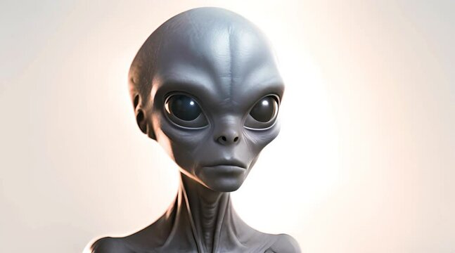 Extraterrestrial being portrait with large, captivating green eyes and a smooth blue-grey complexion, isolated on a white background.