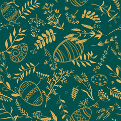 Easter eggs, twigs, herbs and flowers on dark green background. Easter theme. Gold design elements on a dark green background. Vector seamless pattern.