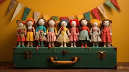  a group of dolls sitting on top of a green suitcase in front of a bunting of bunting flags.