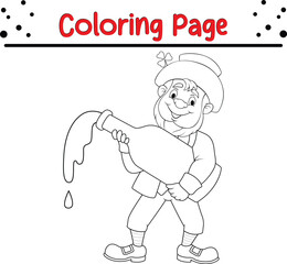 Coloring page happy leprechaun holding bottle beer