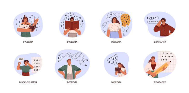 Difficulties learning, dysgraphia and dyslexia concept, people difficulty in reading, writing, calculating vector set