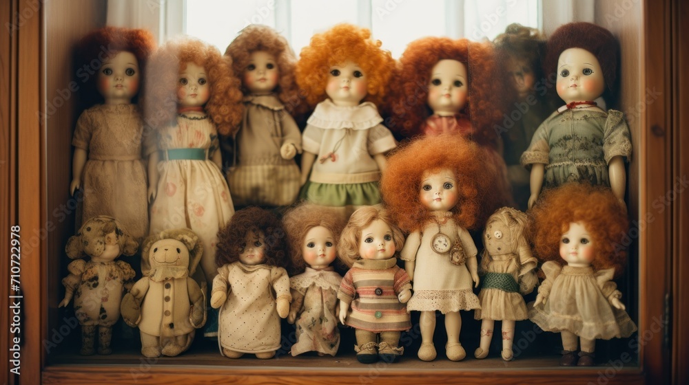 Canvas Prints  a group of dolls sitting next to each other on top of a window sill in front of a window.