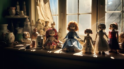  a group of dolls sitting on top of a window sill in front of a window sill filled with vases.