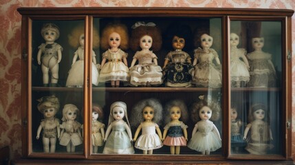  a group of dolls sitting on top of a wooden shelf next to each other in a glass case on top of a wall.