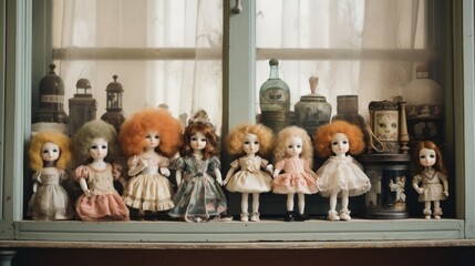 Obraz na płótnie Canvas a group of dolls sitting on top of a window sill in front of a window sill filled with dolls.