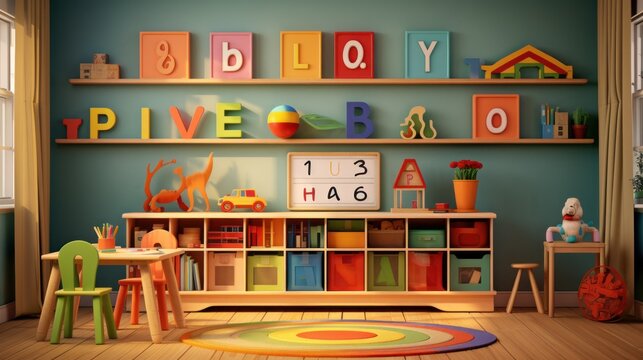 a child's playroom with toys, bookshelves, and a playroom sign on the wall.
