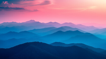 A mountain range, with neon-pink and pastel blue hues in the background, during a mystic dawn, reflecting the Psychic Waves theme of escapism and surrealism