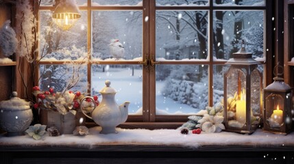  a window with a snowy scene outside of it and a lit candle on the window sill in front of it.