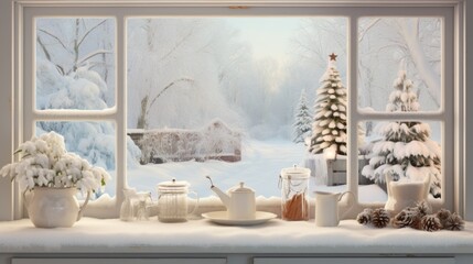  a window with a view of a snowy landscape and a snow - covered tree outside of a window sill.