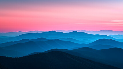 Fototapeta premium A mountain range, with neon-pink and pastel blue hues in the background, during a mystic dawn, reflecting the Psychic Waves theme of escapism and surrealism