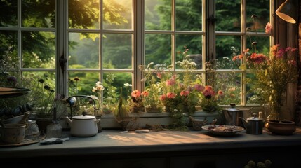  a window sill filled with lots of flowers next to a window sill filled with pots and panes.