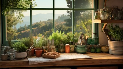  a wooden table topped with pots and pans filled with plants next to a window filled with lots of greenery. - obrazy, fototapety, plakaty