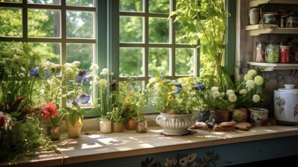  a window sill filled with lots of flowers next to a potted plant on top of a window sill.