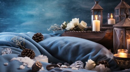  a couple of candles sitting on top of a bed next to a vase with flowers and pine cones on it.
