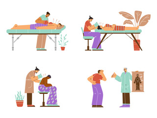 Naklejka premium Acupuncture treatment vector set, acupuncturist inserts needles in the patient's face or back, alternative medicine