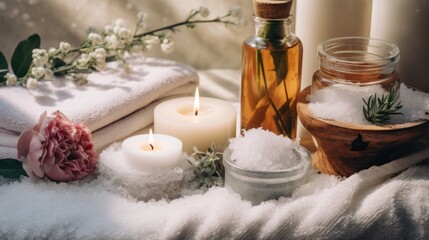  a couple of candles sitting on top of a pile of snow next to a bottle of lotion and a towel.