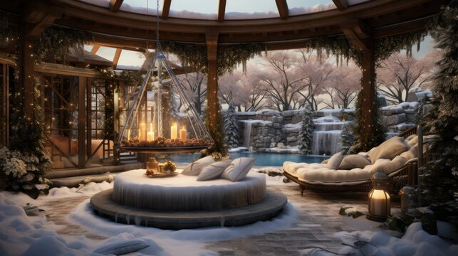  a room with a hot tub in the middle of the room and a lot of snow on the ground around it.