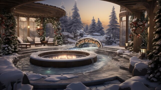  a winter scene with a hot tub in the middle of a snowy yard and a lit candle in the center.