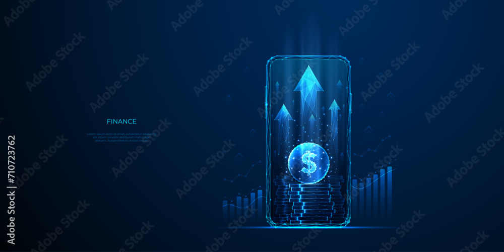 Poster increase revenue. business and finance concept. 3d money in light blue futuristic style on phone scr