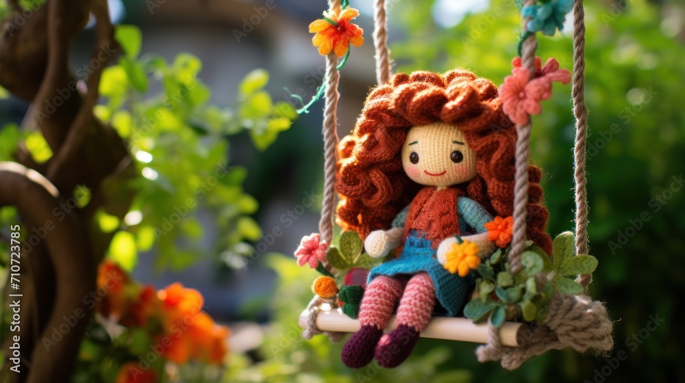 Canvas Prints a crocheted doll is sitting on a swing with flowers on the tree and a house in the background.