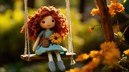  a doll is sitting on a swing with a sunflower in her hand and a teddy bear in her lap.