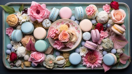  a tray of macaroons, flowers, and macaroons are arranged in a variety of pastel colors.