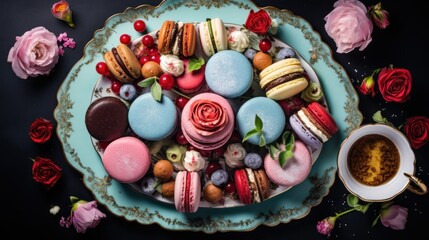 Fototapeta na wymiar a blue plate topped with macaroons and pastries next to a cup of coffee and a pink rose.