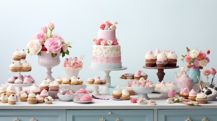  a table topped with cakes and cupcakes next to a vase of flowers and vases filled with cupcakes.
