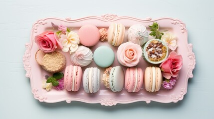  a pink tray topped with macaroons covered in frosting next to a bowl of macaroons and flowers.