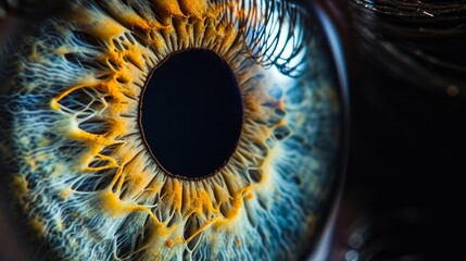 Close up of eye iris on black background, macro, photography   