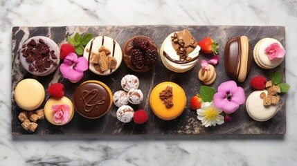  a marble platter topped with lots of different types of cakes and pastries on top of a marble counter.