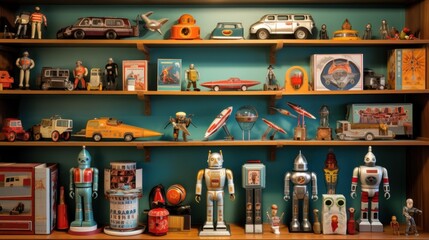  a shelf filled with lots of toy figurines on top of a wooden shelf next to a blue wall. - obrazy, fototapety, plakaty