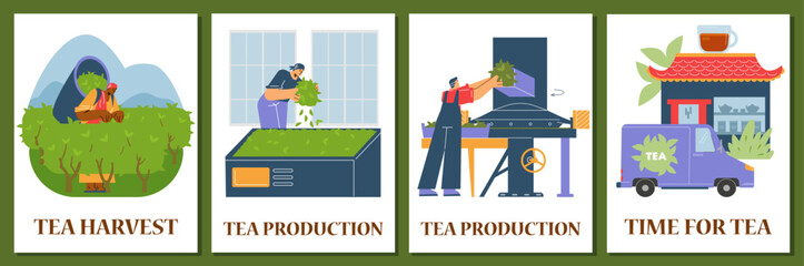 Tea production facility, grading, fermentation and delivery harvested leaves process, vector tea industry posters set - obrazy, fototapety, plakaty