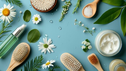Eco-friendly cosmetics and zero waste set for spa on blue background top view mockup    