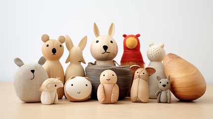  a group of stuffed animals sitting next to each other on a wooden table with a white wall in the background.