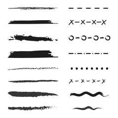 Charcoal Marker Grunge Rouge Underline Hand Drawn Brush Strokes. Bold Charcoal Freehand Stripes and Paint Shapes. Dotted line. Crosses. Crayon or Marker Doodle Scribbles. Vector Illustration